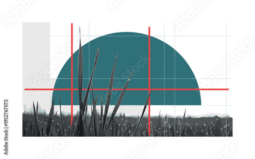 black and white grass blades with dew in sharp focus, oversized teal semicircle behind and red geometric bars crossing composition, thin structured grid lines