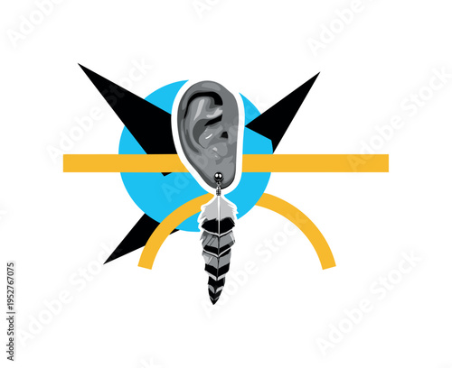 Black and white human ear in profile wearing a long layered feather earring, bright blue circle partially hidden behind the ear, golden yellow horizontal bar