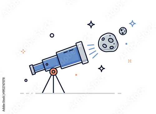 Space prospecting concept with a telescope pointing toward a small asteroid and metallic highlights representing exploration and resource identification. Soft