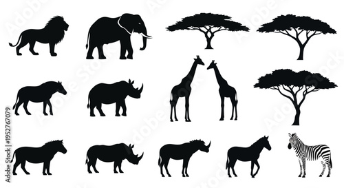 Safari animal silhouettes with trees on white background