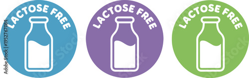 Dairy free product label badge collection with milk bottle icon, lactose free, vegan food packaging, healthy vector illustration set