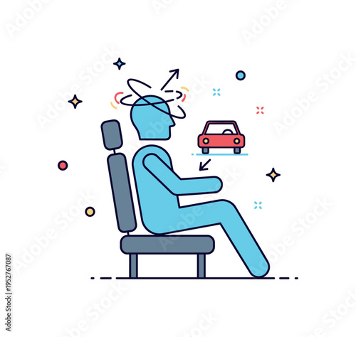 Motion sickness discomfort shown as a seated passenger silhouette with a small vehicle icon and curved dizzy lines near the head, conveying imbalance and