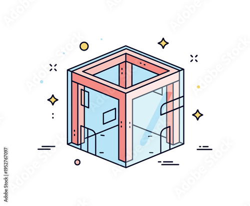 Architectural transparency concept centered on a cube with semi transparent walls revealing internal support beams, symbolizing structural integrity and honest