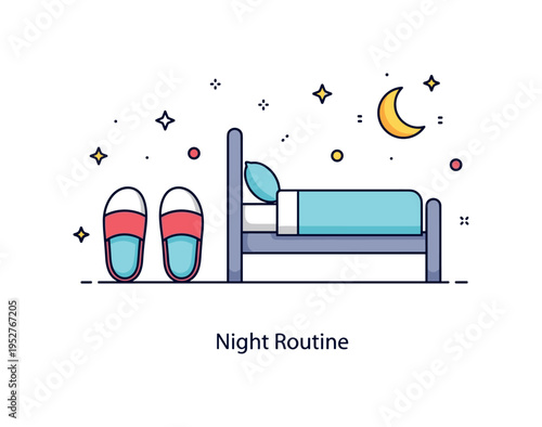 Putting on slippers bedtime routine concept depicted by a pair of slippers aligned neatly near a simple bed silhouette and small moon icon,