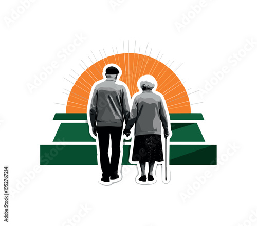 Black and white elderly couple holding hands while walking slowly, bright orange semicircle halo behind them, dark green angular shapes arranged calmly around,