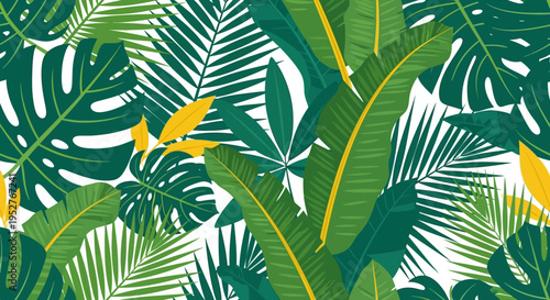 tropical leaf seamless pattern with green palm and monstera leaves