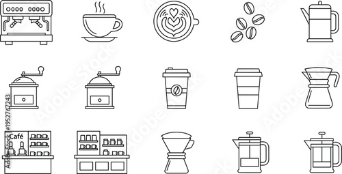 Coffee shop and brewing equipment icon set including espresso machine grinder beans cup vector outline illustration minimalist isolated design collection