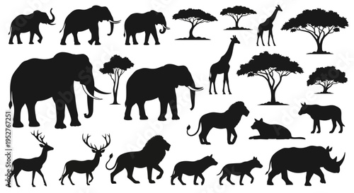 Black silhouettes of various African savanna animals and trees