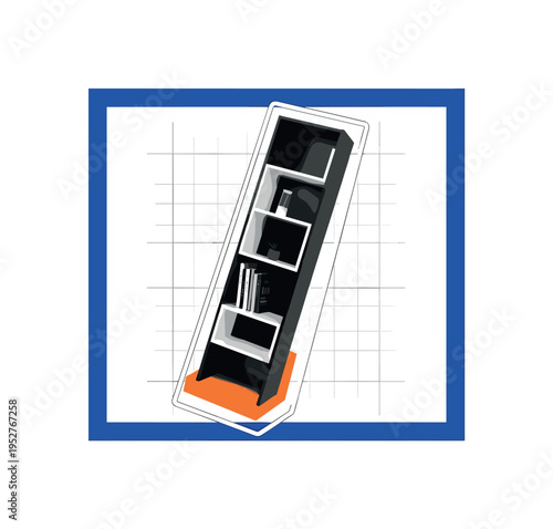 Black and white bookshelf being rotated diagonally to optimize space, bold electric blue square framing the structure, small orange accent block grounding the