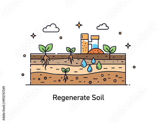 Eco friendly fertilizers soil regeneration concept illustrated by layered soil profile with small root icons and nutrient droplets, expressing improved