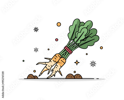 Farm harvest horseradish depicted as freshly pulled roots with small soil accents and leafy tops bundled neatly together. The composition reflects seasonal