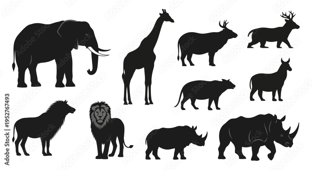 Fototapeta premium Collection of African wildlife silhouettes on white background