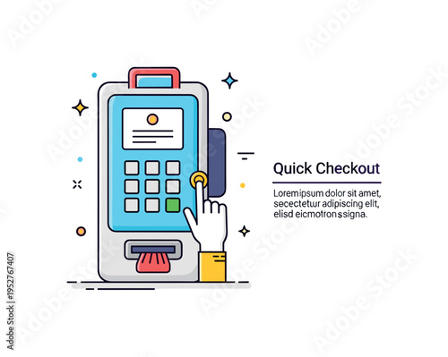 Self service payment kiosk featuring a vertical screen with large touch buttons and a small card slot detail below. A short ?Quick Checkout? text accent