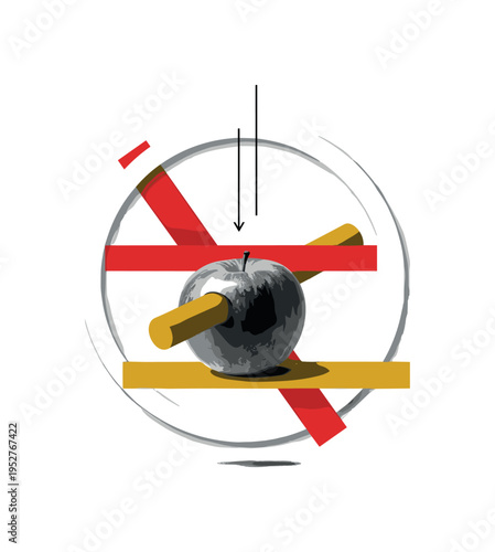 Monochrome apple falling downward in mid-air, high-contrast vintage texture, intersected by sharp abstract rectangles and cylindrical forms in red and mustard
