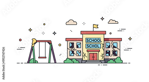 Abandoned playground beside a deteriorating school building with a slightly tilted swing set. Soft crack lines on the wall and minimal cloud shapes symbolize