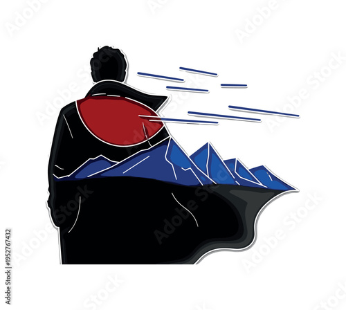 Black and white rear-view silhouette with coat flowing in wind, bold deep red semicircle intersecting the upper torso, cobalt blue geometric shards extending