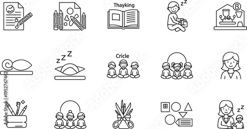 Daily routine activities icon set including reading sleeping eating childcare hygiene education outline vector illustration minimalist isolated design collection