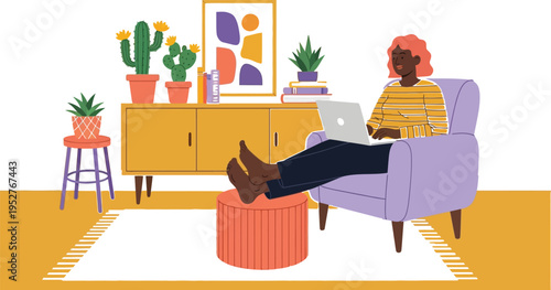 Woman relaxing while working remotely on laptop