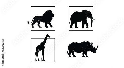 Set of African Wildlife Silhouettes: Lion, Elephant, Giraffe, Rhinoceros