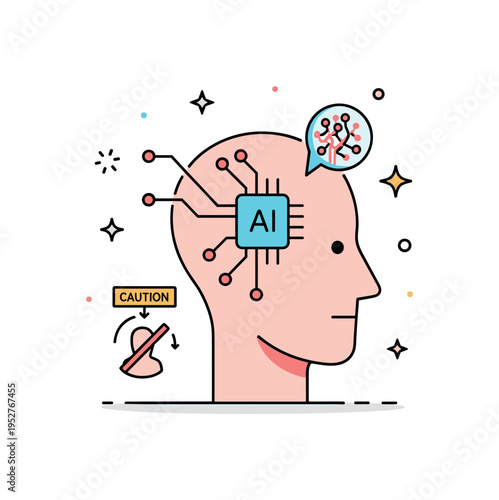 AI assisted enhancement human head connected to a compact neural chip with a subtle caution icon, symbolizing collaboration between artificial intelligence and