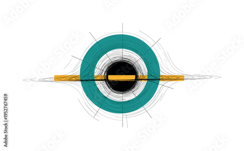 black and white black hole visualized as swirling vortex, bold teal circular halo breaking symmetry and mustard yellow rectangular bar crossing horizontally,
