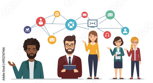 A flat vector illustration depicting a man gesturing with an open hand. It evokes a sense of sharing, explanation, and inviting discussion, ideal for 