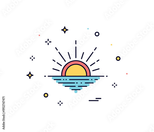Bright horizon over ocean concept centered on a calm sea line with a radiant sun disk touching the water edge, symbolizing clarity, freedom and new
