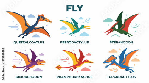 Dinosaur flying reptiles illustration collection including Quetzalcoatlus, Pterodactylus, Pteranodon, Dimorphodon, Rhamphorhynchus, and Tupandactylus, depicted in a cartoon style with wind elements