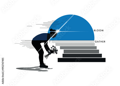 Monochrome side profile of a person bending to pick flowers, intersected by a large blue semicircle and abstract rectangular blocks symbolizing landscape