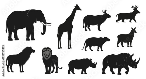 Collection of African wildlife silhouettes on white background