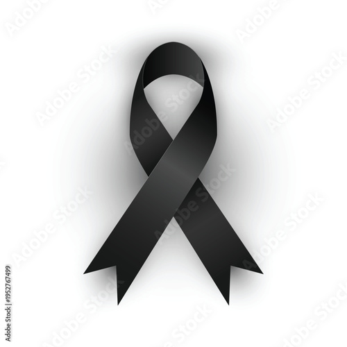 Realistic black  ribbon on white background. Mourning and melanoma symbol