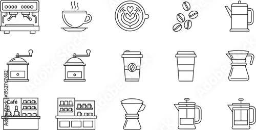 Coffee brewing equipment icon set including espresso machine grinder cup beans french press vector outline illustration minimalist isolated design collection