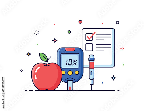 Healthy lifestyle and glucose tracking scene centered on a glucometer placed beside a simple apple icon and checklist mark, symbolizing nutrition awareness and
