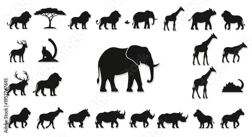 black silhouettes of various wild african animals