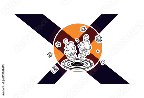 Black and white diffuser device emitting stylized vapor rings, vibrant orange circular halo centered behind device, dark indigo diagonal stripe crossing