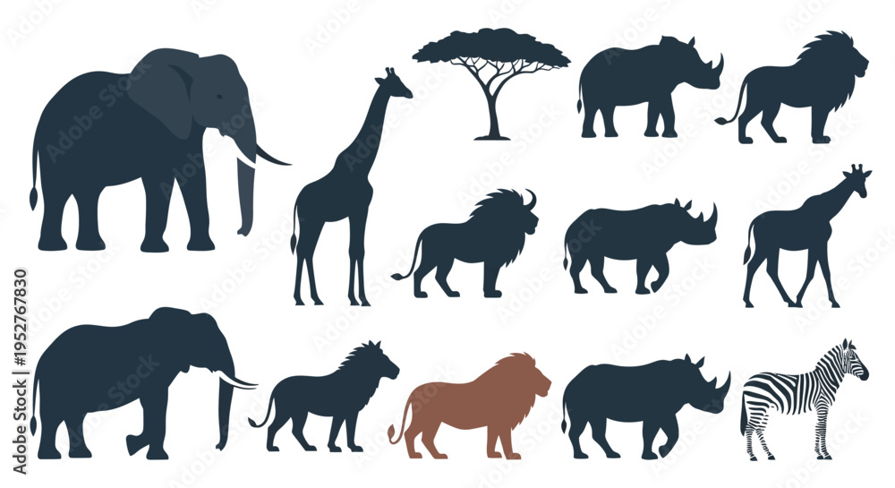 Fototapeta premium African Wildlife Silhouette Collection: Elephant, Lion, Rhino, Zebra, Giraffe