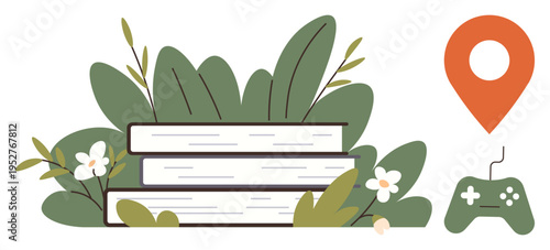 Education, gaming, environment, leisure, location, multimedia. Stack of books surrounded by green foliage, location pin game controller. Education and gaming concepts are effectively