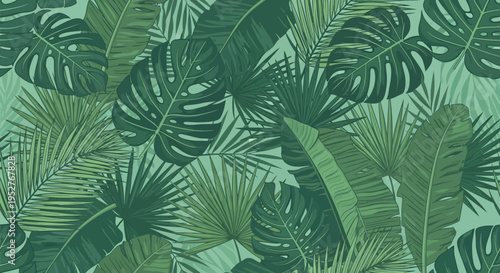 Tropical Leaf Pattern Seamless Repeating Background in Various Green Tones