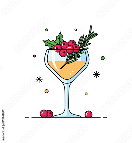 Winter holiday drink garnish concept showing a cocktail glass topped with cranberries and a rosemary twig, symbolizing seasonal flavors and cozy evenings. The