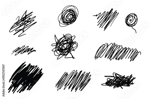 Collection of expressive black scribbles and strokes on white background