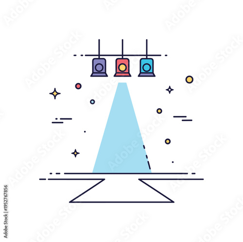 Runway lighting design overhead stage lights forming a focused beam onto a simple catwalk outline. A modern visual metaphor for drama, atmosphere, and visual