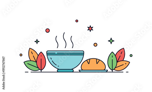 Cozy holiday dining setup featuring a simple bowl of soup with steam lines and a small bread roll beside it, framed by autumn leaves. The composition conveys