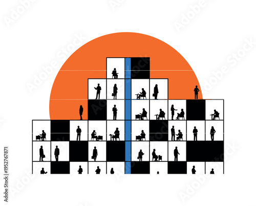 Black and white office building facade simplified into geometric blocks with diverse silhouettes visible in windows, bright orange circular backdrop and blue