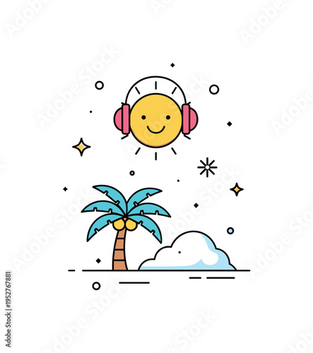 Sunny mindset in snowy season concept centered on a smiling sun icon wearing earmuffs above a minimal palm tree and snowdrift, symbolizing positive attitude