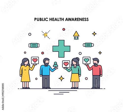Public health awareness neighbors standing together around a medical cross symbol, holding small icons of masks and hearts to represent prevention and care. A
