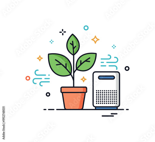 Air purifying houseplants theme featuring a leafy plant icon paired with small sparkle accents and subtle airflow lines, symbolizing fresh indoor atmosphere