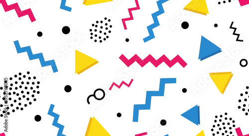 Vibrant Memphis design pattern with geometric shapes and bold colors