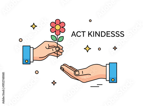 Small act of kindness hand offering a simple flower to another open hand, symbolizing thoughtful gestures that lift spirits. A modern editorial badge about