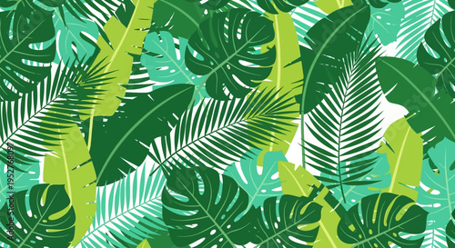 Vibrant tropical leaf seamless pattern with green palm and monstera leaves