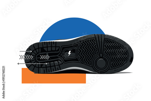 Black and white sneaker sole enlarged with visible tread pattern, bold blue semicircle behind upper portion, orange rectangle intersecting lower edge, thin